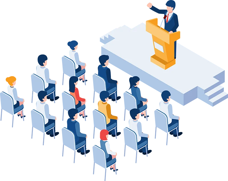 Media Placement - Public Relations B2B - Business Man Speaking at a podium - Illustration