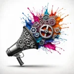 Image of a megaphone made of gears with a color splash for the B2B Branding Services page