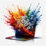 3D image of a laptop with gears and colorful splash for our B2B Branding Services page